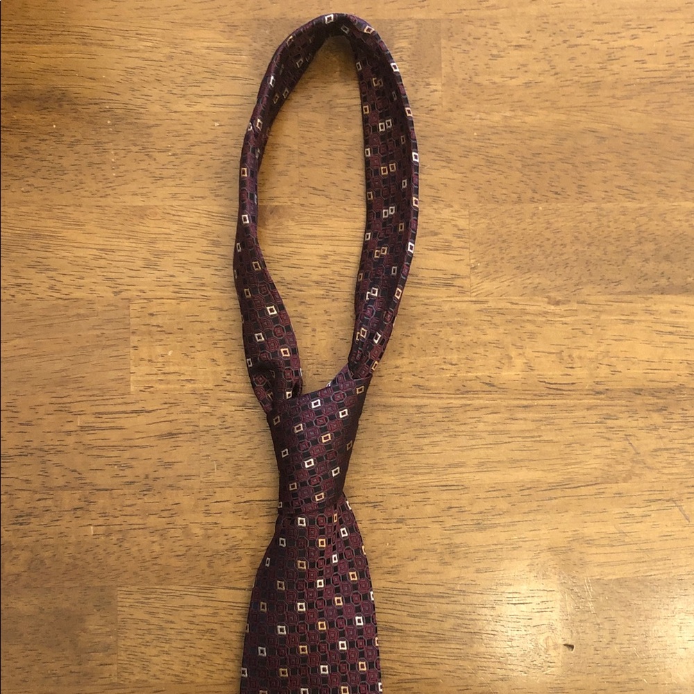 Bill Blass Maroon, Black, Gold, Square, Cross, and Octagonal Pattern Tie